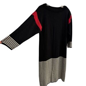 Vintage 80s Oscar De La Renta Knit Dress Black Red Beige Long Sleeves Medium